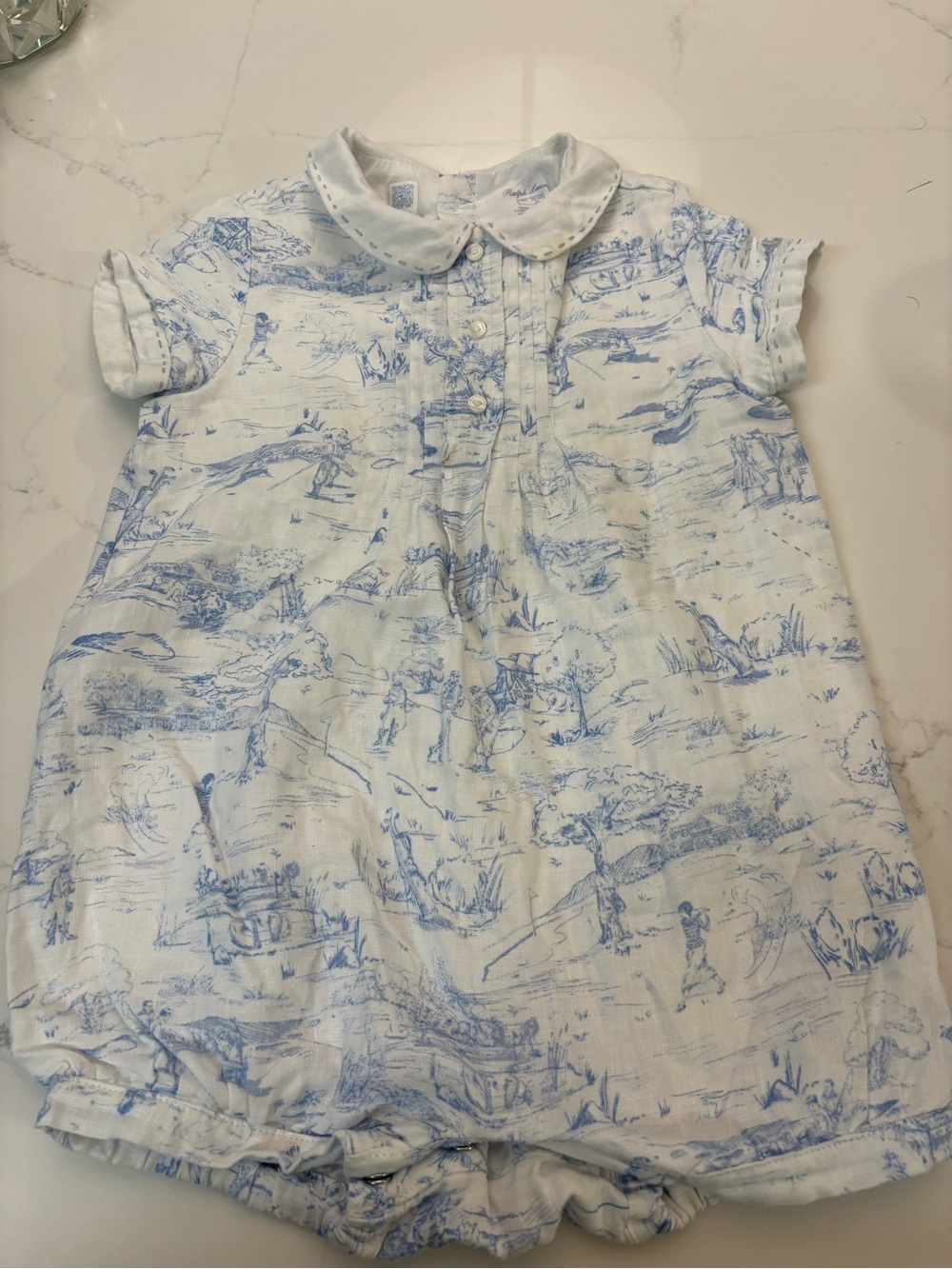 Ralph Lauren Blue & White Toile Baby Pajama Romper with Peter Pan Collar